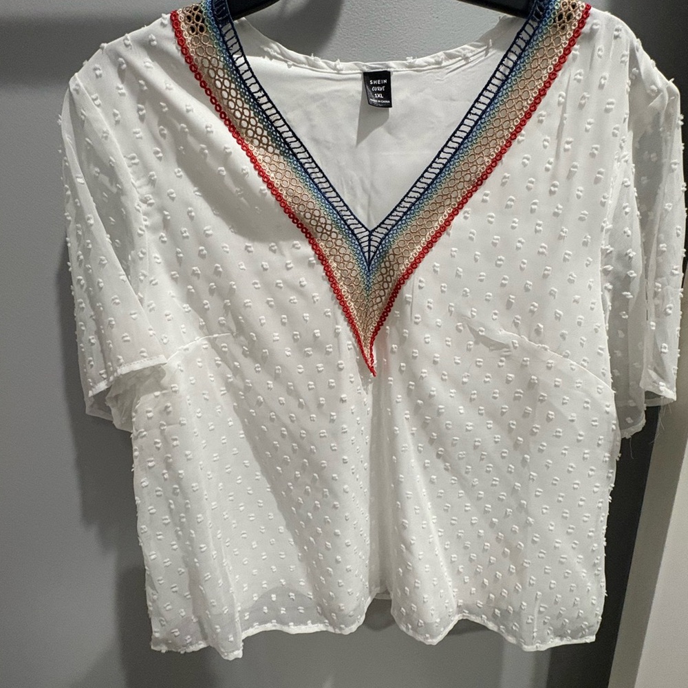 SHEIN White V-Neck Blouse with Colorful Trim